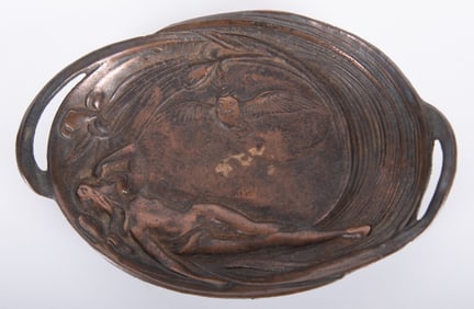 Art Nouveau Bronze Tray, Female Nude with Owl