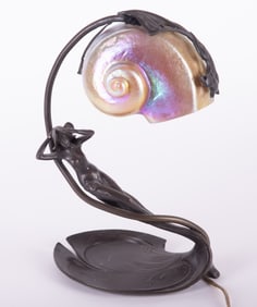 An Art Nouveau Figural Lamp with Art Glass Turbo Shell Shade, after Bonnefond