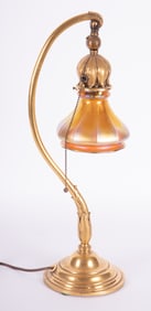 An Art Nouveau Bronze Table Lamp with Aurene Shade, E.F. Caldwell