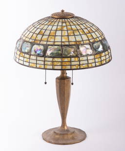 A Tiffany Studios Geometric and Turtle-Back Table Lamp, Circa 1910: A Tiffany Studios Geometric and Turtle-Back Table Lamp, Circa 1910New York, circa 1910, a Tiffany Studios bronze base table lamp with turtle-back shade having mottled sea-foam geometric panels both ab
