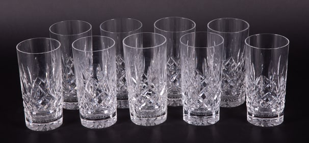 A Set of Nine Crystal Tall Highball Glasses, Lismore by Waterford