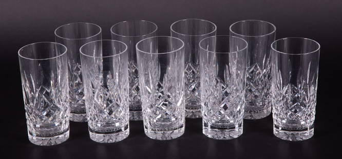 A Set of Nine Crystal Tall Highball Glasses, Lismore by Waterford: A Set of Nine Crystal Tall Highball Glasses, Lismore by WaterfordIreland, the set of 9 highball or ice-tea glasses by Waterford in the Lismore pattern with beveled bases.5 3/4 inches tall, 2 3/4 inche