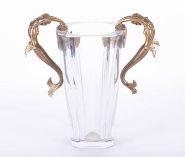 Large Crystal and Brass Sea Maiden Vase, Erte for Baccarat: Large Crystal and Brass Sea Maiden Vase, Erte for BaccaratFrance, Late 20th century, the square form vase with canted corners featuring two sculpted maidens as handles. Signed Baccarat, France.Provena