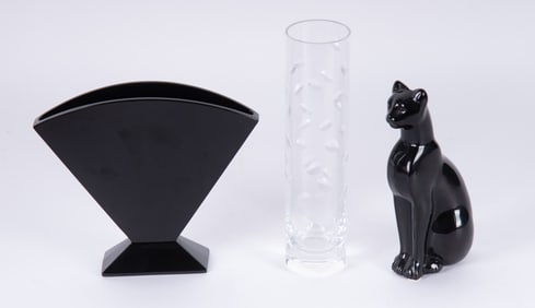 Three Baccarat Pieces, Cat Figurine and Two Vases