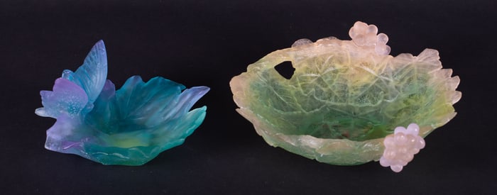 Daum France Pate de Verre Grapevine Bowl and Butterfly Dish