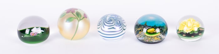 A Collection of Five Art Glass Paperweights