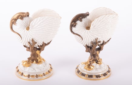 Two Royal Worcester Porcelain Lizard and Shell Vases