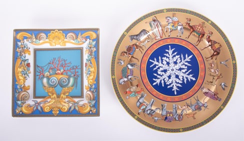 Two Versace for Rosenthal Plates: Les Tresors de la Mer, and Cortege de Noel