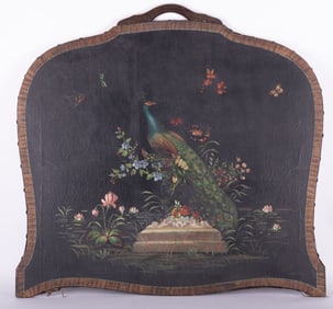 Early 20th Century Arts & Crafts Style Firescreen Featuring an Oil Painting of a Peacock