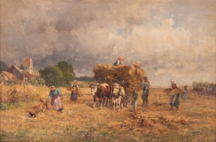 Karl Adam Heinisch, Germany (1847-1923), Farmscape with Haycart, oil on wood panel