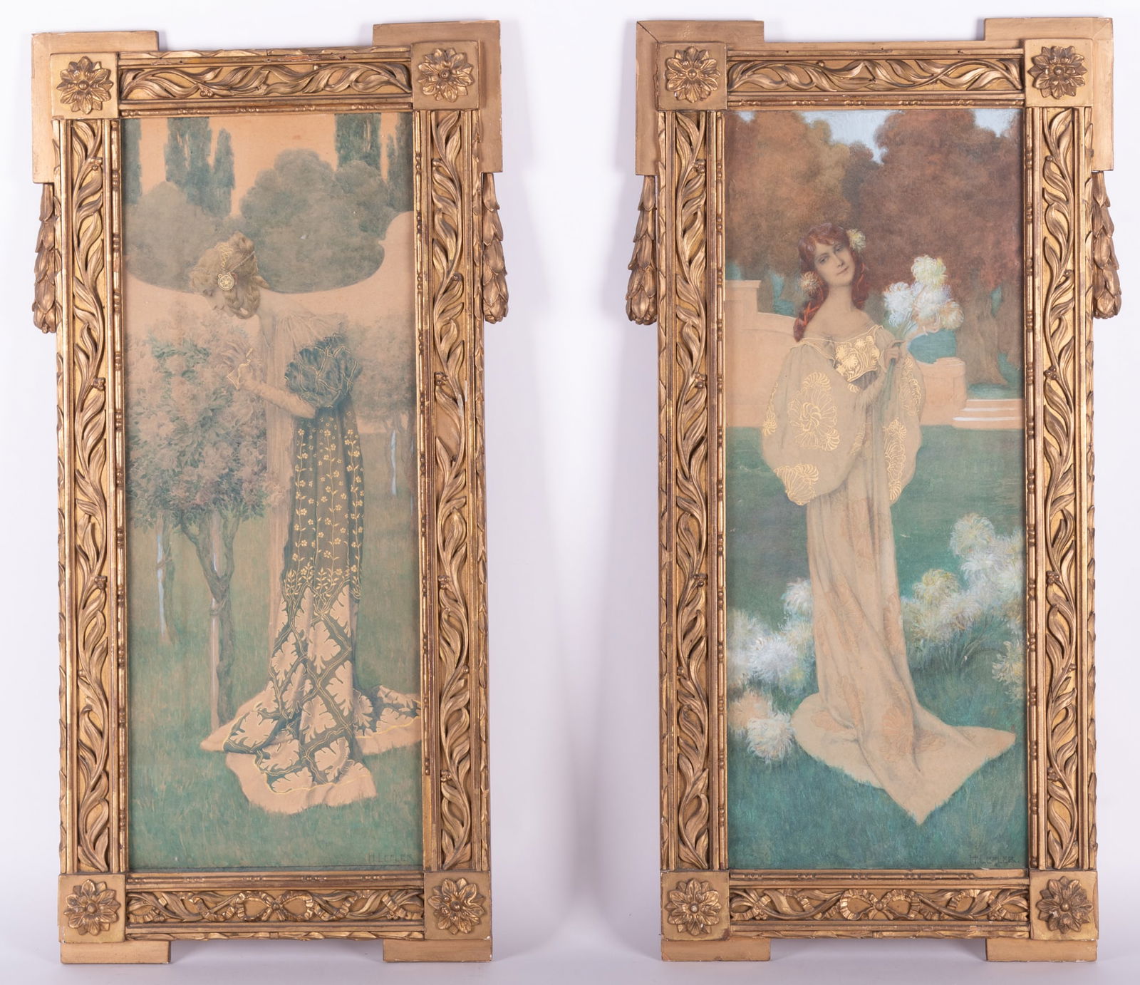 Heinrich Lefler, Austria (1863-1919), A Pair of Pre-Raphaelite Style Portraits of Women in Garden: Heinrich LeflerAustria, (1863-1919)A Pair of Pre-Raphaelite Style Portraits of Women in Garden Settingswatercolor drawings on paper with gilt highlightseach signed, in carved wood framesProvenance: Th