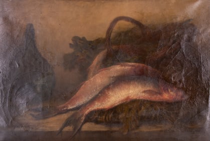 E. de Metz, Continental Late 19th Century, Still Life with Fish and Chianti, oil on canvas
