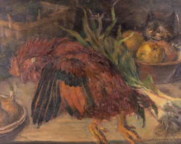 Continental 19th Century, Still Life with Game and Vegetables on a Counter, being Watched by a Cat,