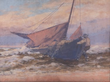 Rudolf Hellgrewe, German (1860-1926), Sailboat being Pulled Ashore, gouache on paper