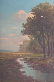 J. G. Fisher, Early 20th Century, Landscape with Tree-Lined Stream, oil on canvas mounted to board