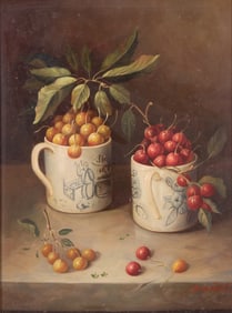 M Marshall (sp?), 20th Century, Still Life with Blue and White Mugs Filled with Cherries, oil on