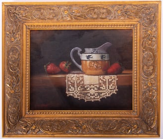Diana Harvey, American 20th Century, Still Life with Strawberries, oil on canvas board