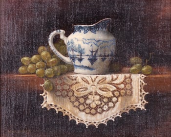 Diana Harvey, American 20th Century, Still Life with Delft Pitcher, grapes, and Lace, oil on