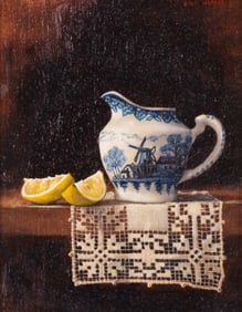 Diana Harvey, American 20th Century, Still Life with Delft Pitcher, Lemons, and Lace, oil on