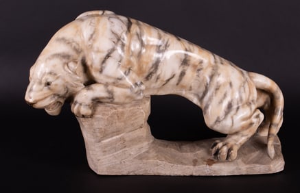 Carved Marble Tiger with Glass Eyes