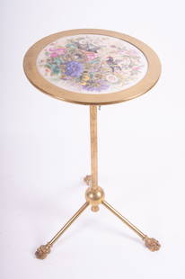 Antique Center Tilt Top Table With Hand Painted Surface: Antique Center Tilt Top Table With Hand Painted SurfaceThe inserted porcelain top with floral and bird decoration on an adjustable column above an orb and three legs ending with animal paw feet.Proven