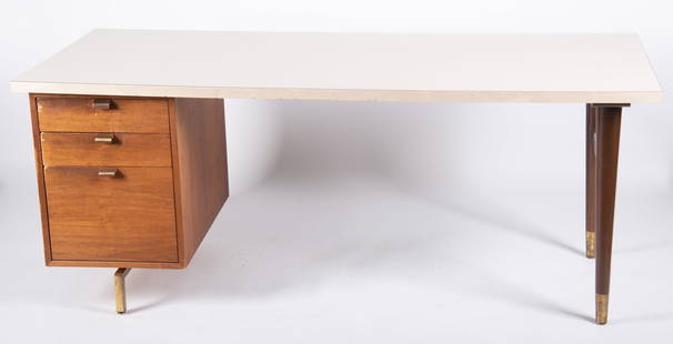George Nelson Modern Desk: George Nelson Modern DeskWhite laminated top above tapering legs to one side and three graduating drawers with square legs to the other side.29 x 72 x 30 inches
