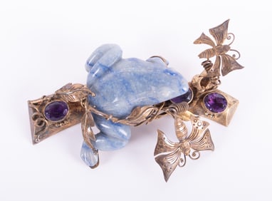Amazing Vintage Sterling Brooch with a Frog and Butterflies