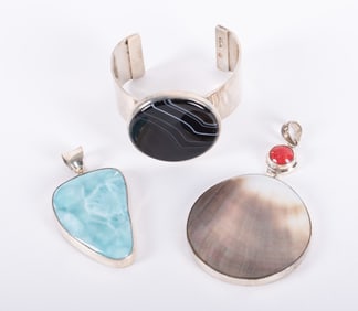 Sterling Pendants with Stones and a Bangle set with a Banded Agate