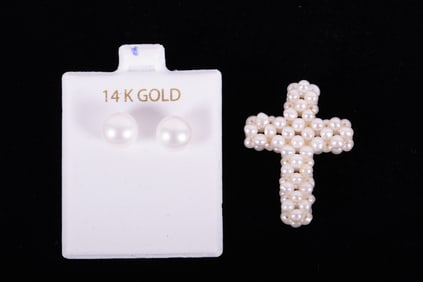 Pearl Cross Pendant with 9mm Pearl Stud Earrings