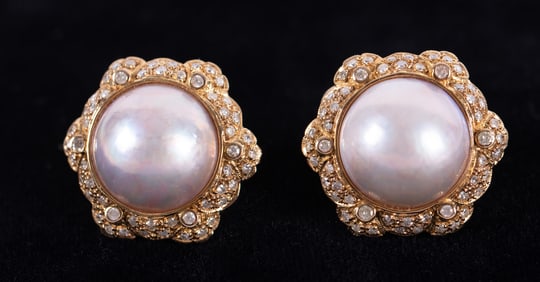 14K Yellow Gold Mabe Pearl and Diamond Earrings