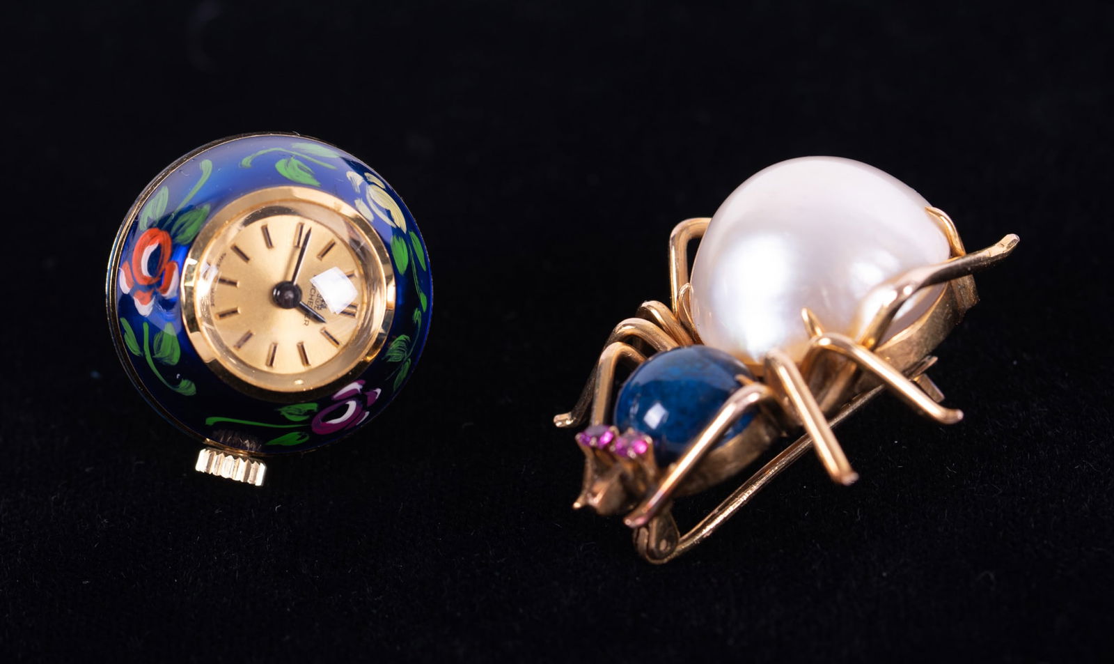 14K Yellow Gold Bee Brooch and a Bucherer Pendant Watch: 14K Yellow Gold Bee Brooch and a Bucherer Pendant WatchThe bee brooch acid tests 14K and is set with a mabe pearl, lapis and ruby eyes. Gross weight 9.9g. The Bucherer watch is enameled and is in runn