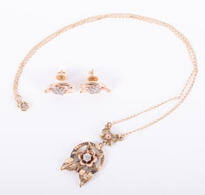 14K Multi Color Gold Diamond Necklace and Earrings