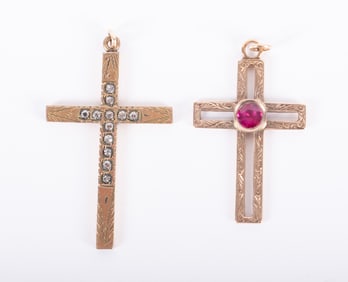 Vintage 10K Yellow Gold Cross plus GF Cross with Crystal Stones
