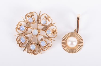 Antique 14K Yellow Gold Opal Brooch and a Gold and Pearl Pendant