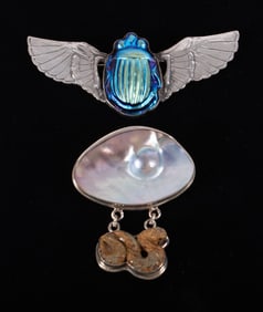 Egyptian Revival Winged Scarab Brooch paired with a Pearl and Snake Pendant