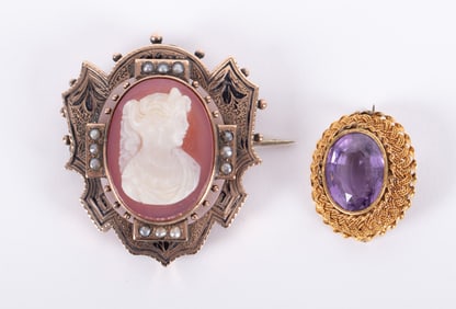 Antique Hardstone Cameo with Enamel and Seed Pearls and Amethyst Brooch