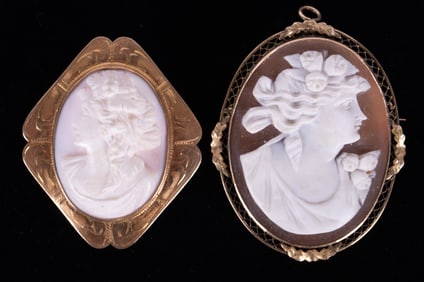 Two Antique Cameo Brooches set in 10K Yellow Gold
