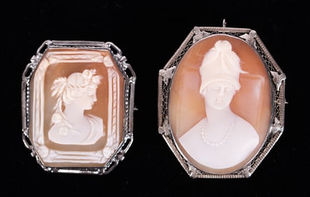 Two Vintage Shell Cameo Brooches set in 14k White Gold