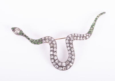 Antique Diamond and Tourmaline Snake Brooch