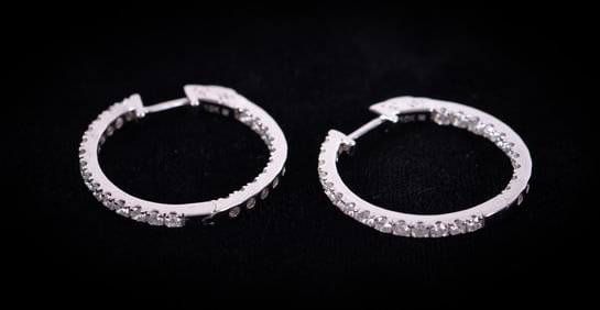 14K White Gold Diamond Hoop Earrings