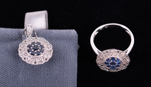 Sapphire/Diamond Pendant and Ring set in 14K White Gold