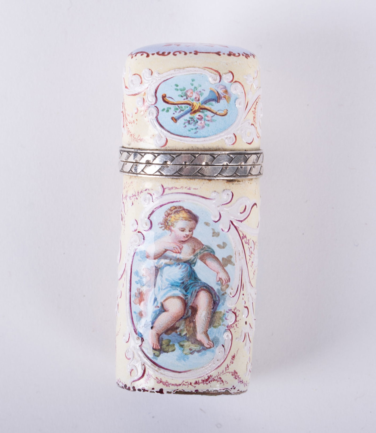 A Fine French Silver and Enamel Scent Flask: A Fine French Silver and Enamel Scent FlaskLimoges, late 19th century, from The Exposition Universelle of 1889 (Paris Exhibition), a finely enameled scent flask, the front and back both painted with y