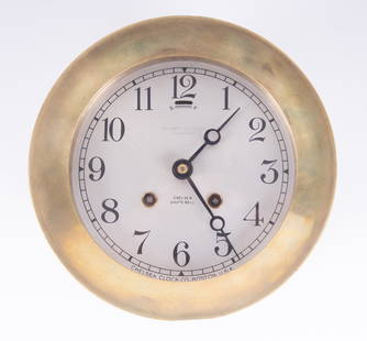 Chelsea Brass Case Ships Bell Clock: Chelsea Brass Case Ships Bell ClockDial marked Upson-Walton Company Cleveland, with serial number 125972, 6 inch dial, hinged case.From the collection of Richard Langer.Diameter 7 3/4 inches, 3 5/8 in