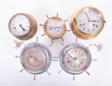Collection of Four Ships Bell Clocks, One Matching Barometer