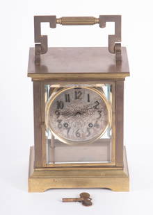 Large Carriage Clock with Chelsea Ships Bell Movement: Large Carriage Clock with Chelsea Ships Bell MovementCarriage clock with Arabic numerals on dial, typical beveled glass sides and front.From the collection of Richard Langer.Height 11 1/8 inch with ha