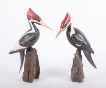 Pair Of Hand Carved And Hand Painted Woodpeckers
