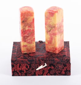 Pair of Chicken Blood Stone Calligraphy Seals