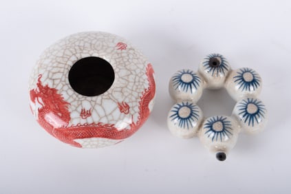 Two Pieces Chinese Ceramics, Guan Ware Dragon Brush Wash and a Water Dropper