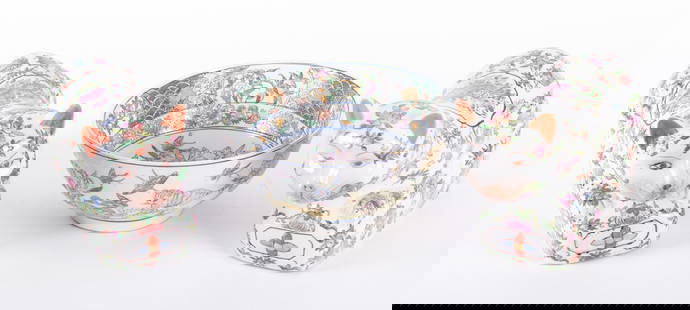 Three Chinese Porcelain Objects with Cats: Three Chinese Porcelain Objects with CatsChina, late 20th century, two cat-form famille rose porcelain neck pillows and a famille verte bowl with 2 kittens amidst a floral display.Pillows 14 x 7 1/4 x