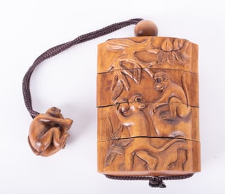 A Japanese Carved Wood Inro of Monkeys